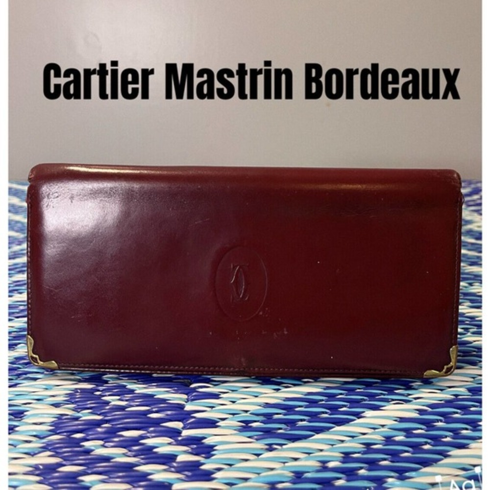 Cartier Long Wallet Mastrin Bordeaux Leather Authentic Cherry Red
